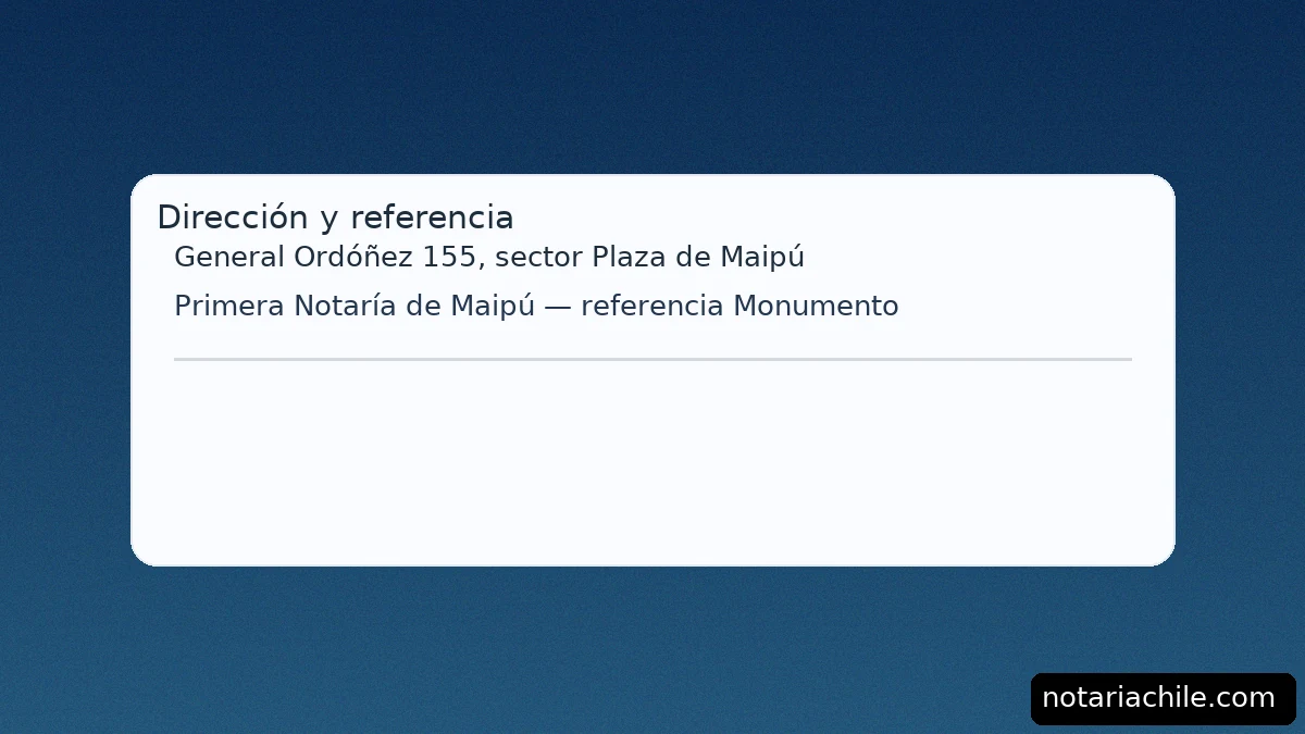 Dirección de la notaría en Maipú: General Ordóñez 155, sector Plaza de Maipú; referencia Monumento – notariachile.com